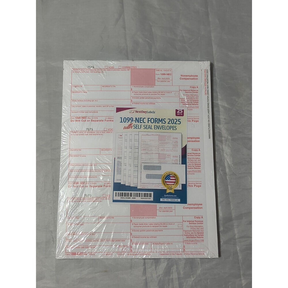 Next Day Labels 1099 NEC Forms 2025 With Self Seal Envelopes 25 Sets